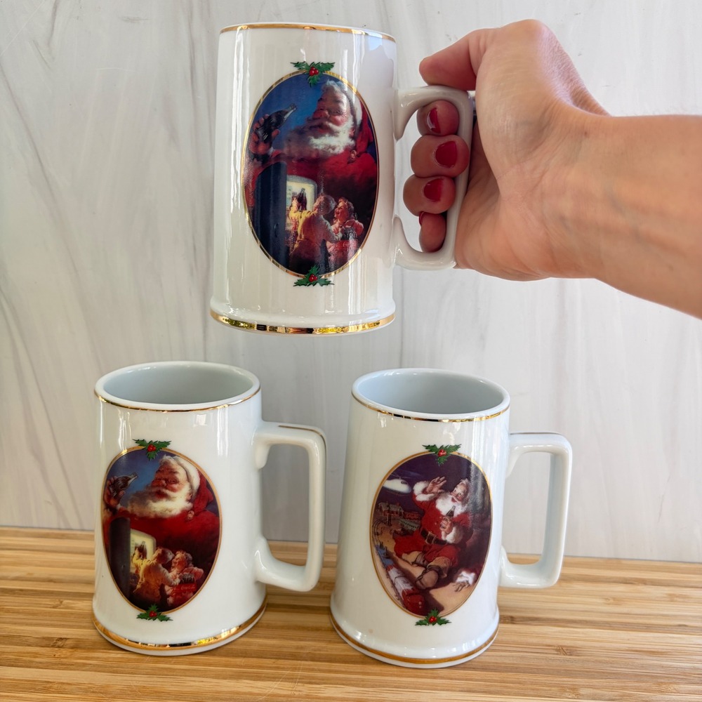 Set of 3 Coca-Cola 1996 Collector Edition Santa Mugs Haddon Sundblom Gold Trim